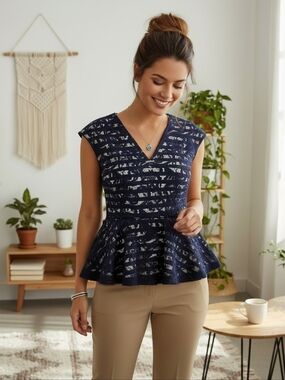 7th Avenue Navy Lace Peplum V‑Neck & Flared Hem Tunic – Size Small